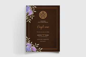 WEDDING INVITATION FRAME WITH FLOWER DECORATIONS AND FRESH LEAVES