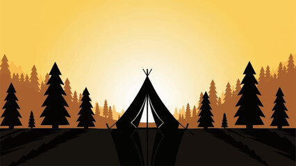 Silhouette of a teepee tent at sunset in a forest. © Dombo