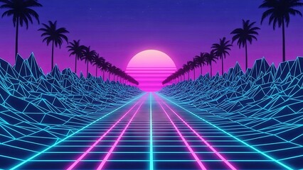Retro Futuristic Neon Landscape with Palm Trees.
