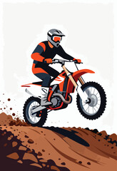Dirt biker in mid-air, kicking up dust on a rugged track