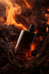 Luxury dark glass perfume bottle surrounded by intense fire and smoke, dramatic product shot