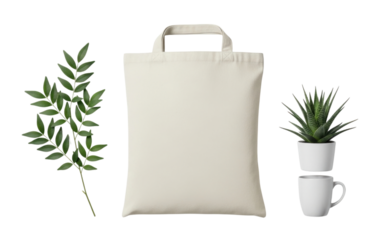 Blank tote bag with plant and mug mockup transparent background cutout png