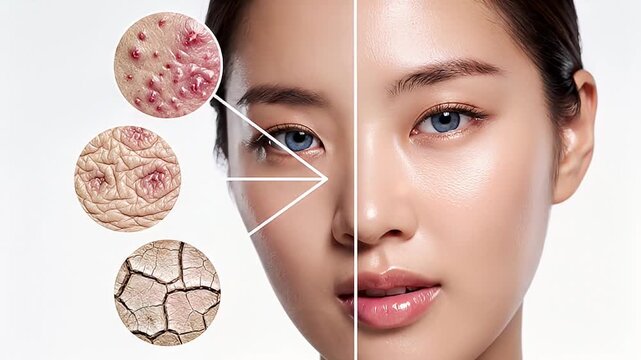 Comparison of problematic skin conditions like acne scarring and dryness versus a clear flawless complexion achieved through dermatological treatment