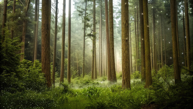 Forest managed sustainably with fsc certification concept. A serene forest with tall trees and gentle sunlight filtering through.