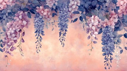 Elegant Floral Cascade: A Symphony of Watercolor Wisteria and Blossoms in Soft Tones against a Delicate Background Texture
