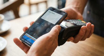Close-up of a smartphone used for contactless payment at a point of sale terminal. Modern cashless transaction concept showing mobile banking, digital wallet, NFC tap-to-pay technology.