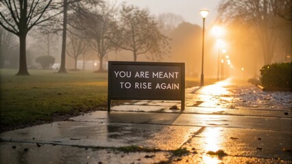 Inspiring sign with message of encouragement in rainy park