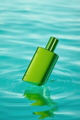 Vibrant green perfume bottle floating in clear, rippling turquoise blue water, closeup