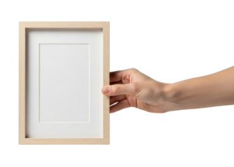 Hand holding a wooden picture frame transparent background cutout png