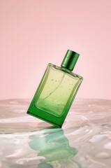 Elegant green glass perfume bottle with droplets, tilted on a reflective, wet surface against a soft pink background