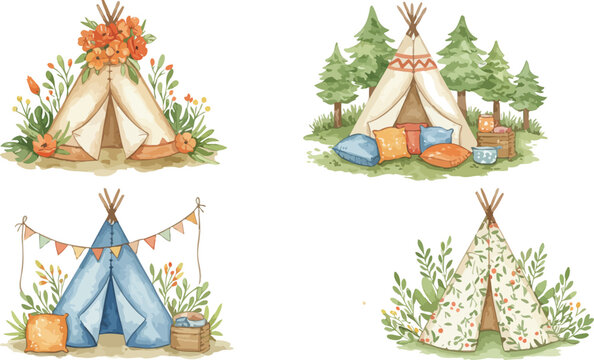 Four watercolor illustrations of colorful teepees in various scenic environments