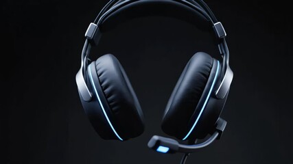 High-end cinematic reveal of a premium esports headset rotating in a dark studio. Slow vertical orbit highlighting the ear cushions and metal frame with silver accents