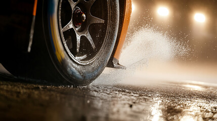 Close-up of a car wheel spinning on a wet road, water splashing dramatically. The focus is on the tire's interaction with the road surface in this dynamic scene.