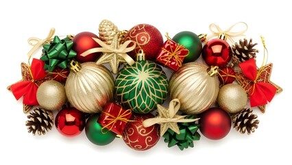 Horizontal composition of red gold and green Christmas ornaments with gold stars