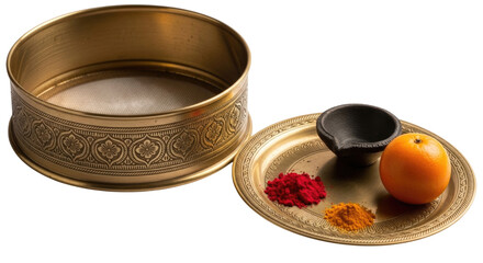 Indian puja thali with sieve transparent background cutout png