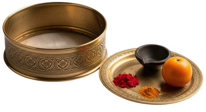 Indian puja thali with sieve transparent background cutout png