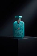 Luxurious teal perfume bottle with intricate engraving on dark background