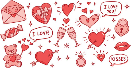 Collection of cute red heart and love themed cartoon illustrations