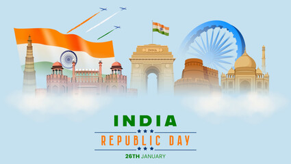 India Republic Day 26 January Poster with India Gate, famous Indian Monuments, Tricolor Flag and Blue Sky Background