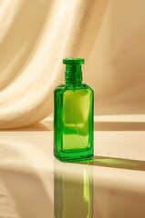 Vibrant green glass perfume bottle with liquid on reflective surface and soft fabric background