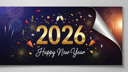 Happy new year 2026 celebration banner with golden numbers, confetti, and sparkling fireworks