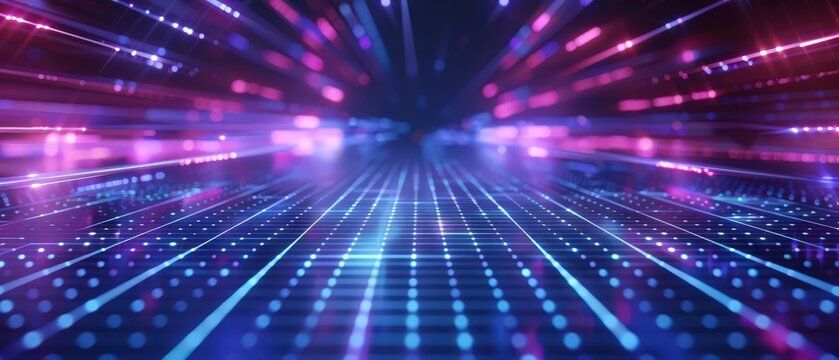 A vibrant, glowing digital landscape featuring a grid of neon lights and data points, representing futuristic technology or cyberspace. - Powered by Adobe