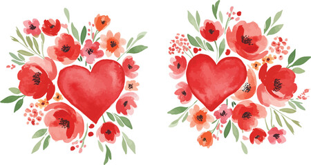 Two red hearts surrounded by colorful flowers and leaves on white