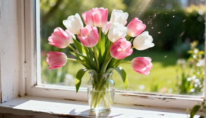 Pink and white tulips in vase on sunlit windowsill