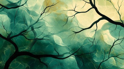 Abstract Tree Branch Silhouette Against a Textured Emerald and Beige Backdrop Art, Evoking Nature