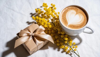 Top-Down View of Coffee with Heart Foam, Mimosa, and Gift