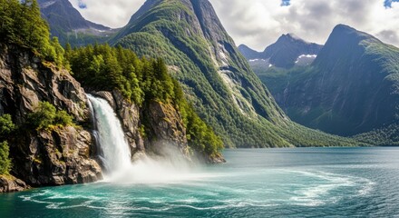Majestic waterfall cascades into turquoise water amidst lush green mountains