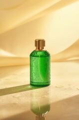 Luxurious green perfume bottle with gold cap on textured surface with warm lighting