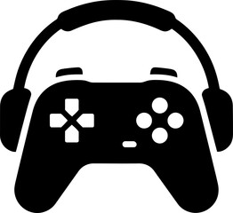 Gamepad with headphones icon. Headset controller for gaming console. Simple black symbol for video game, online streamer concept. Vector graphic design element