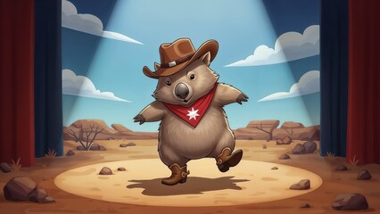 Wombat in cowboy hat and boots dancing on Australian outback stage setting, festive Australia Day mood