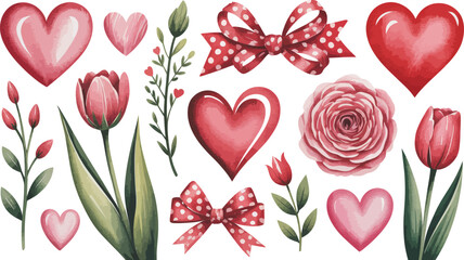 Valentine s day illustration with hearts flowers and bows on white background