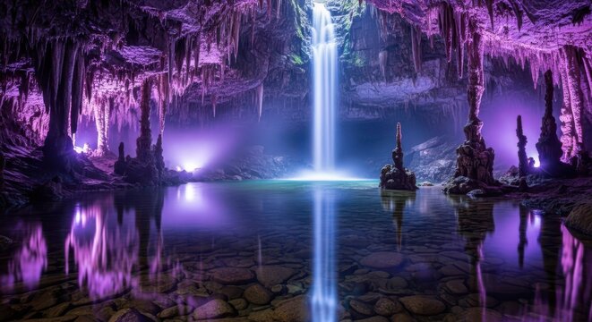 Magical glowing waterfall in a purple illuminated cave reflecting in water - Powered by Adobe