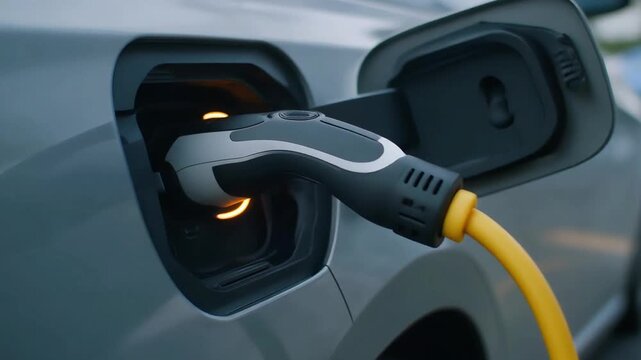 Electric vehicle charging at a public charging station with a yellow cable plugged into the car's port