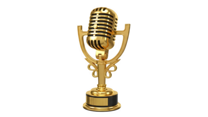 Shiny gold microphone trophy representing music, achievement, and broadcasting success isolated PNG with Transparent Background