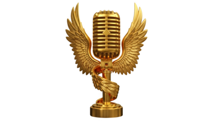 Luxurious golden winged microphone award for audio and music industry recognition isolated PNG with Transparent Background