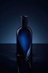 Dark blue glass perfume bottle with light reflection on dark water surface