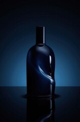 Dark glass perfume bottle with dramatic blue lighting and reflection on a dark surface