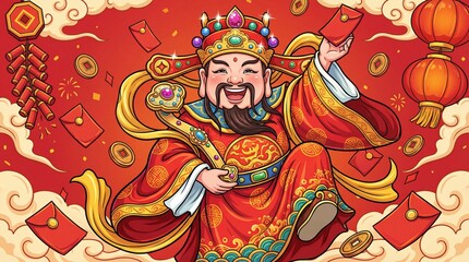 Chinese God of Wealth with red envelopes and lanterns