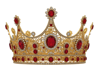 Royal golden crown with red jewels transparent background cutout png