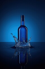 Dynamic splash of water around a blue glass bottle in dark blue studio lighting