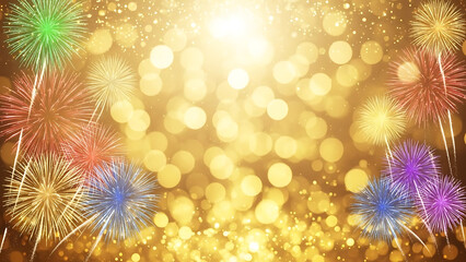 Golden Bokeh Lights and Fireworks Celebration Background Design with Sparkles and Bokeh Effect