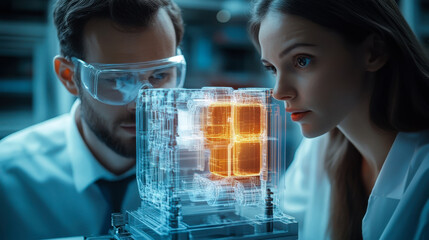 Scientists focus on innovative research in a lab with advanced technology while examining a 3D holographic model