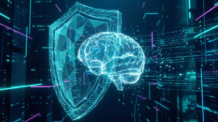 Futuristic AI cybersecurity concept with a glowing digital shield protecting a crystalline data brain, representing advanced machine learning defense and data privacy in cyberspace.