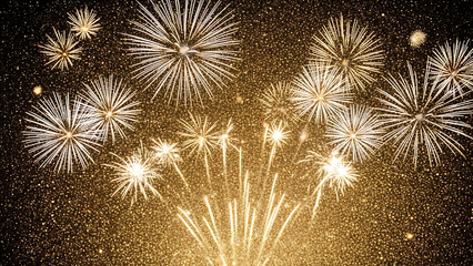 A breathtaking display of golden fireworks bursting across the dark night sky, illuminating the celebration with a radiant glow and sparkling festive atmosphere