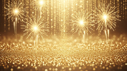 Golden glittery background with sparkling fireworks and bokeh effects for celebration or festive occasions