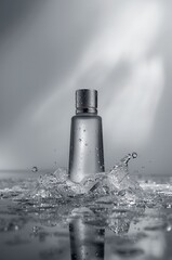 Cosmetic bottle splashing water in dynamic studio shot